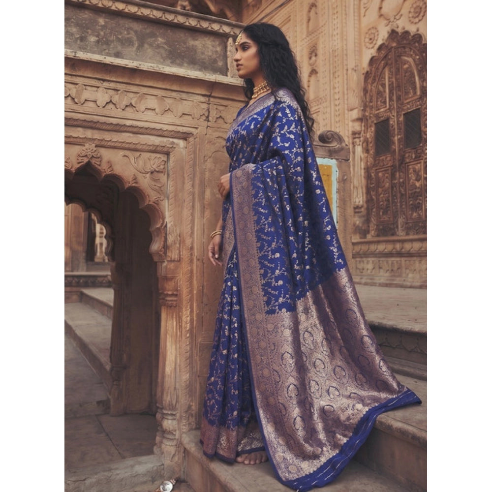 Generic Women's Art Silk Printed Saree With Unstitched Blouse 5.5Mtr (Navy Blue)