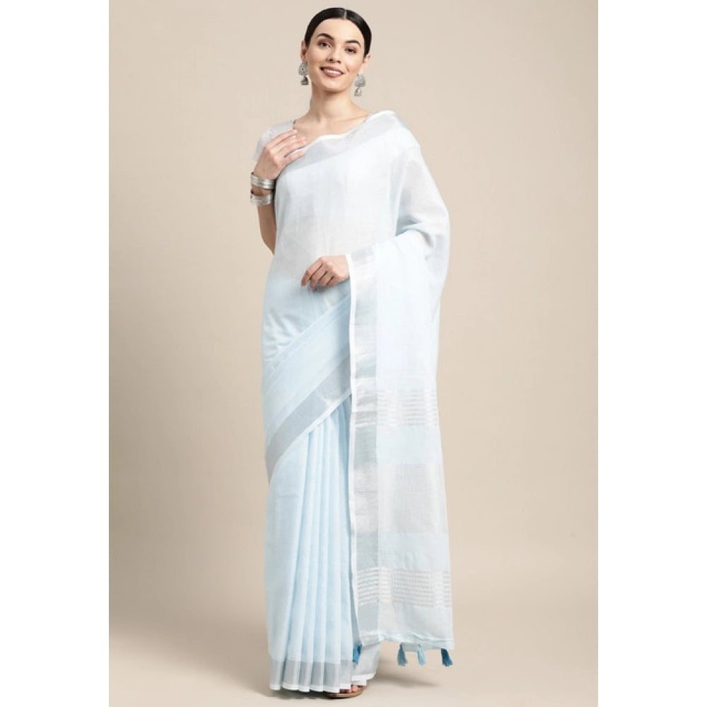 Generic Women's Linen Cotton Striped Saree With Unstitched Blouse 5.5Mtr (Sky Blue)