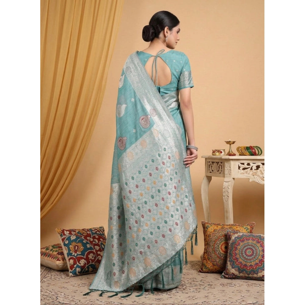 Generic Women's Linen Cotton Printed Saree With Unstitched Blouse 5.5Mtr (Sea Green)
