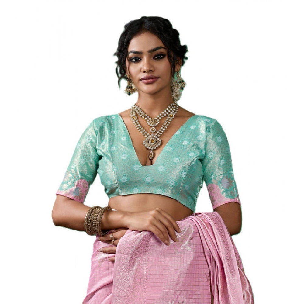 Generic Women's Linen Cotton Printed Saree With Unstitched Blouse 5.5Mtr (Pastel Pink)