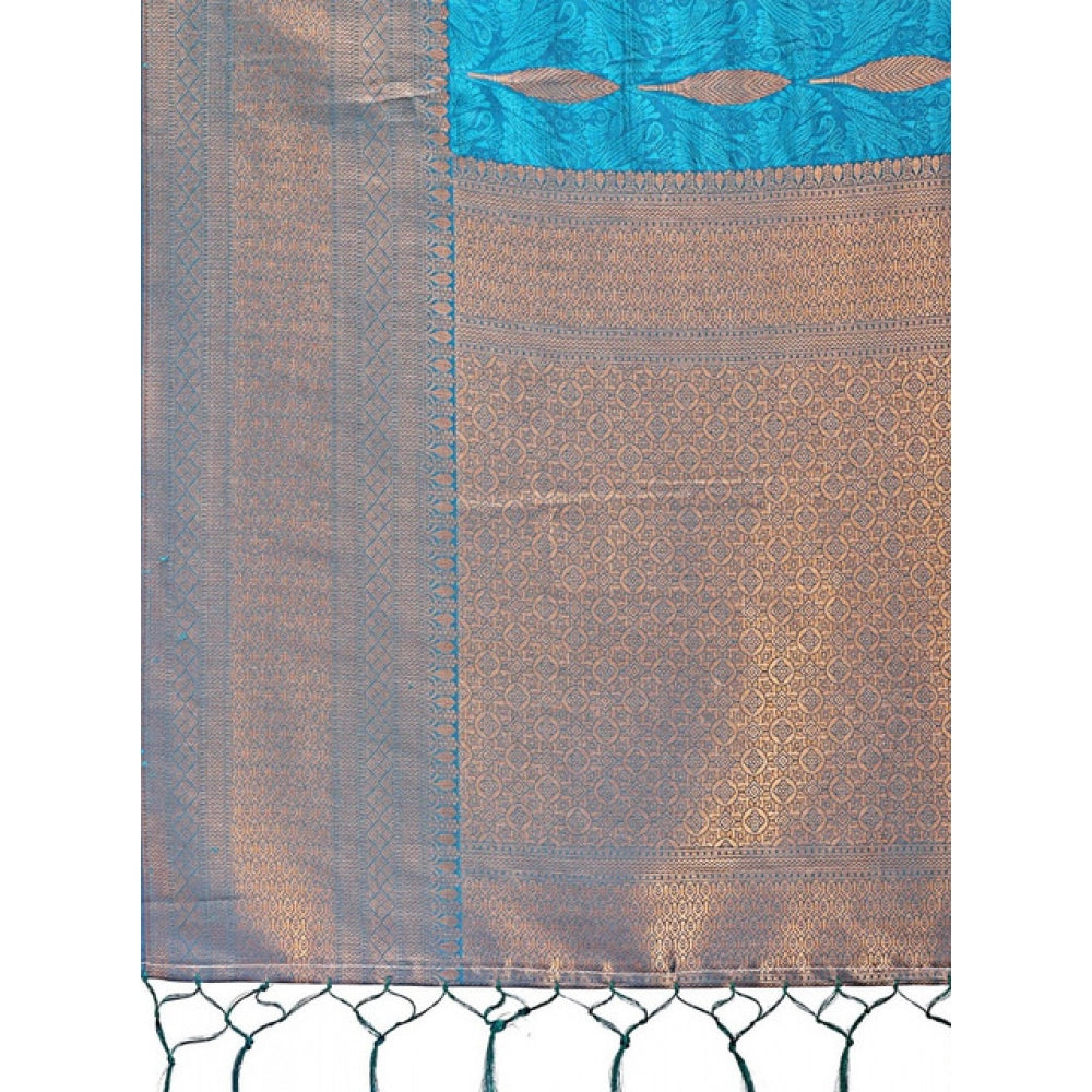 Generic Women's Banarasi Silk Printed Saree With Unstitched Blouse 5.5Mtr (Blue)