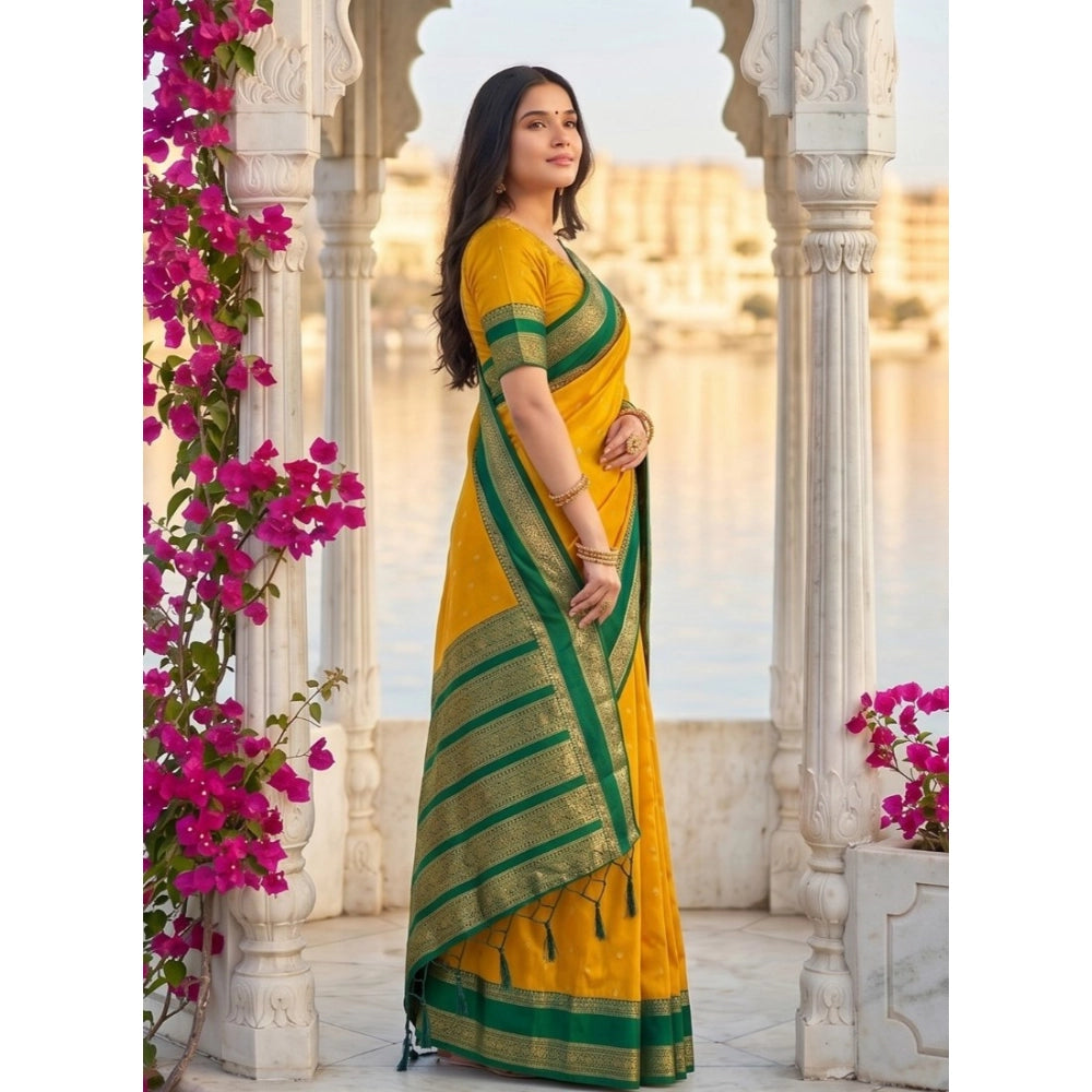 Generic Women's Silk Blend Printed Saree With Unstitched Blouse 5.5Mtr (Yellow-Green)