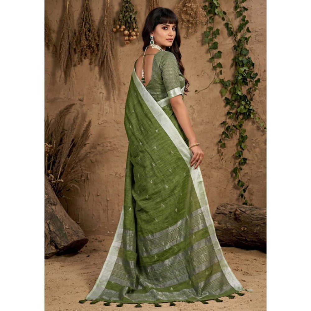 Generic Women's Linen Cotton Printed Saree With Unstitched Blouse 5.5Mtr (Green)