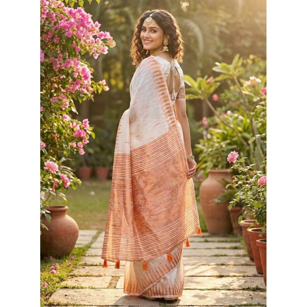Generic Women's Linen Cotton Printed Saree With Unstitched Blouse 5.5Mtr (White)