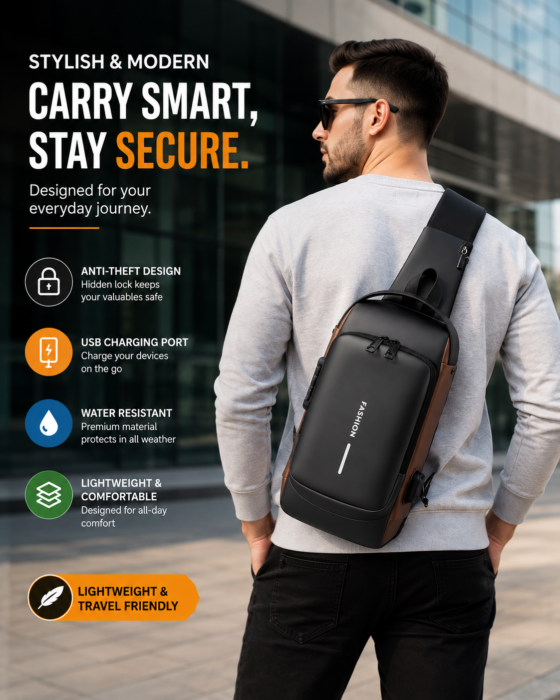 Crossbody Sling Bag for Men Women, Anti-Theft Fashion Chest Bag with Usb Charging Port, Messenger Bags, Waterproof Casual Shoulder Bag