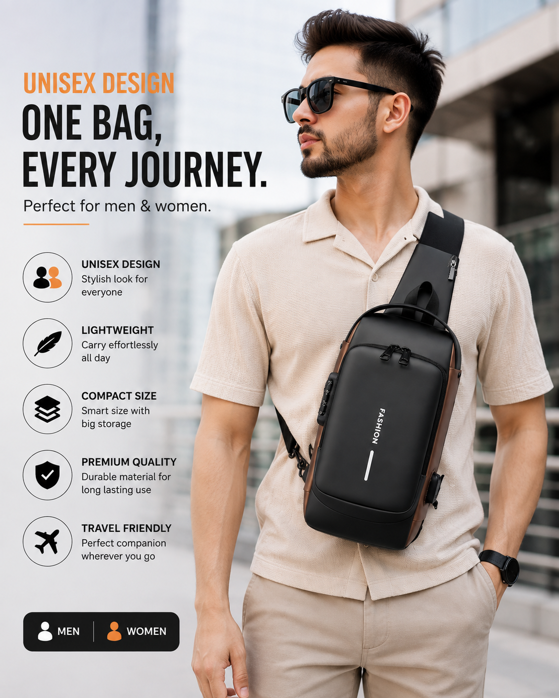 Crossbody Sling Bag for Men Women, Anti-Theft Fashion Chest Bag with Usb Charging Port, Messenger Bags, Waterproof Casual Shoulder Bag