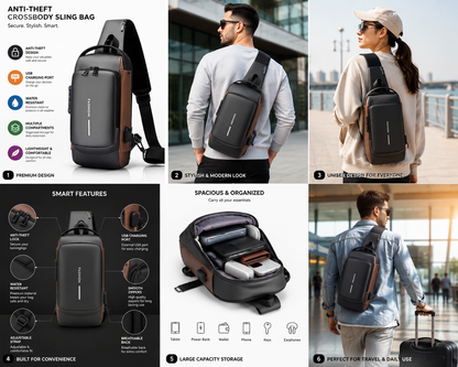 Crossbody Sling Bag for Men Women, Anti-Theft Fashion Chest Bag with Usb Charging Port, Messenger Bags, Waterproof Casual Shoulder Bag