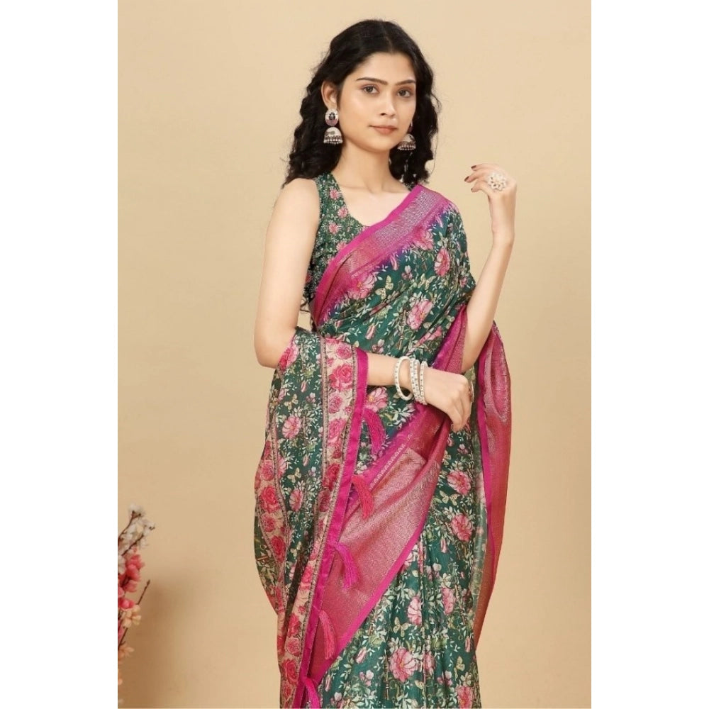 Generic Women's Cotton Silk Floral Printed Saree With Unstitched Blouse 5.5Mtr (Green)