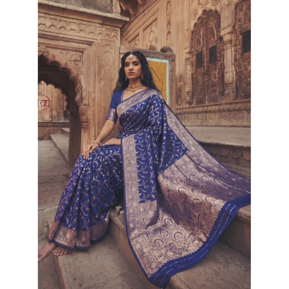 Generic Women's Art Silk Printed Saree With Unstitched Blouse 5.5Mtr (Navy Blue)