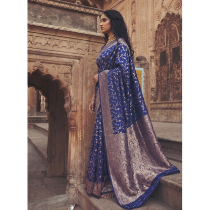 Generic Women's Art Silk Printed Saree With Unstitched Blouse 5.5Mtr (Navy Blue)