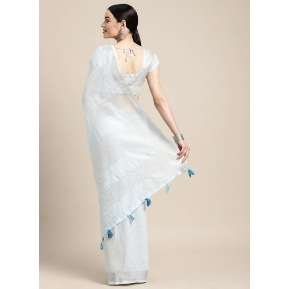 Generic Women's Linen Cotton Striped Saree With Unstitched Blouse 5.5Mtr (Sky Blue)