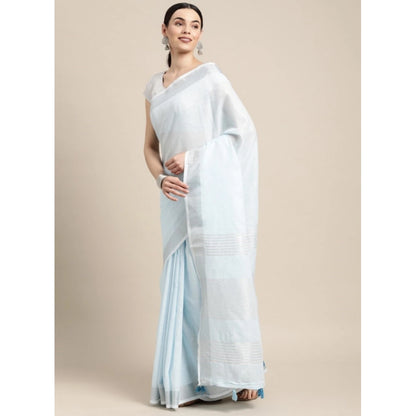 Generic Women's Linen Cotton Striped Saree With Unstitched Blouse 5.5Mtr (Sky Blue)