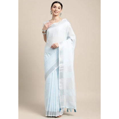 Generic Women's Linen Cotton Striped Saree With Unstitched Blouse 5.5Mtr (Sky Blue)