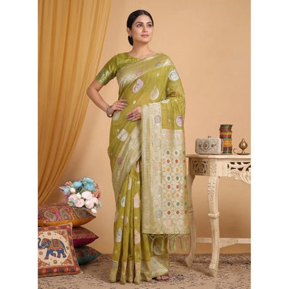 Generic Women's Linen Cotton Printed Saree With Unstitched Blouse 5.5Mtr (Mustard)