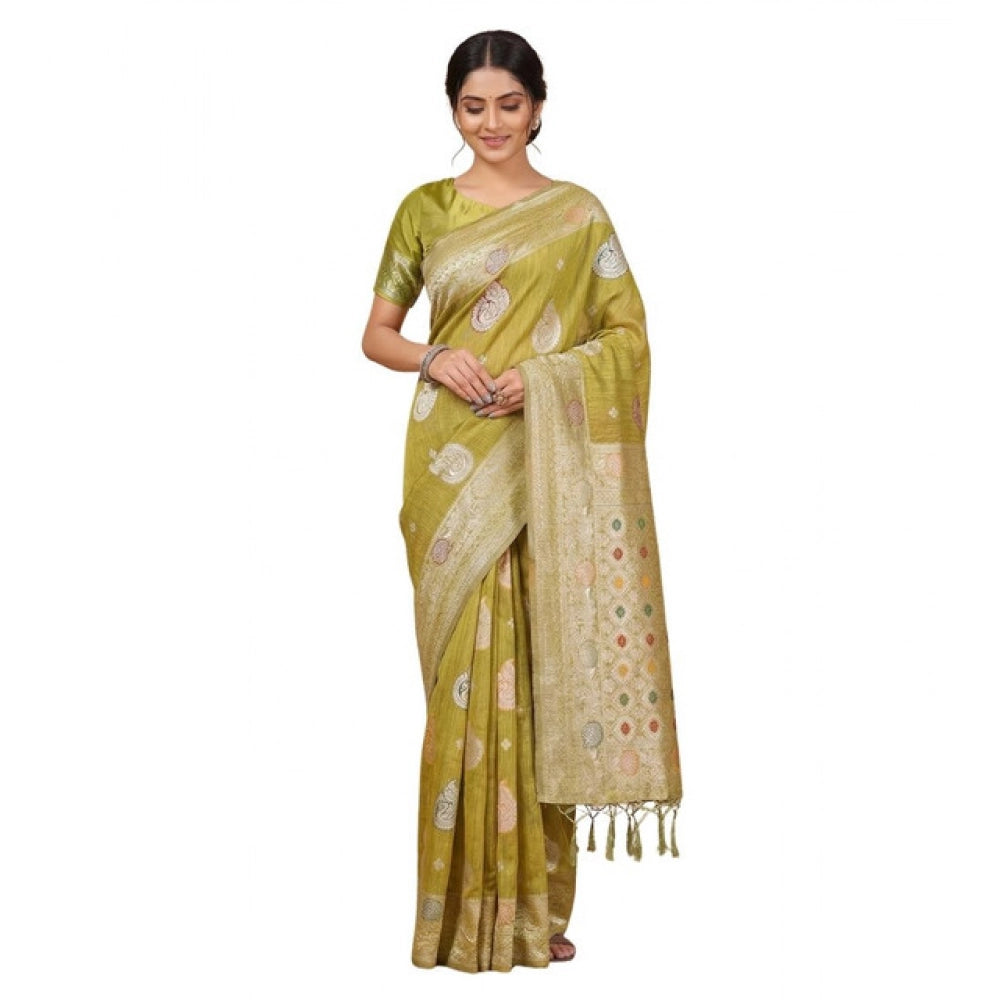 Generic Women's Linen Cotton Printed Saree With Unstitched Blouse 5.5Mtr (Mustard)