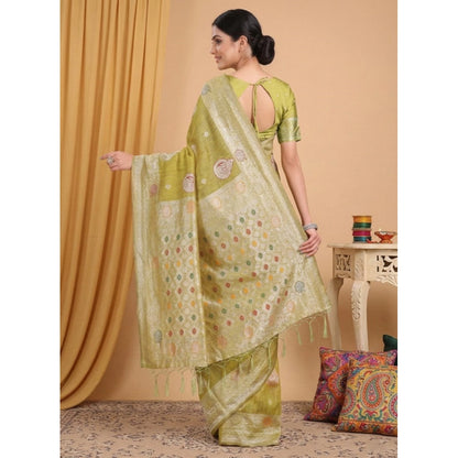 Generic Women's Linen Cotton Printed Saree With Unstitched Blouse 5.5Mtr (Mustard)
