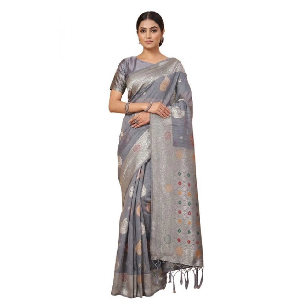 Generic Women's Linen Cotton Printed Saree With Unstitched Blouse 5.5Mtr (Grey)