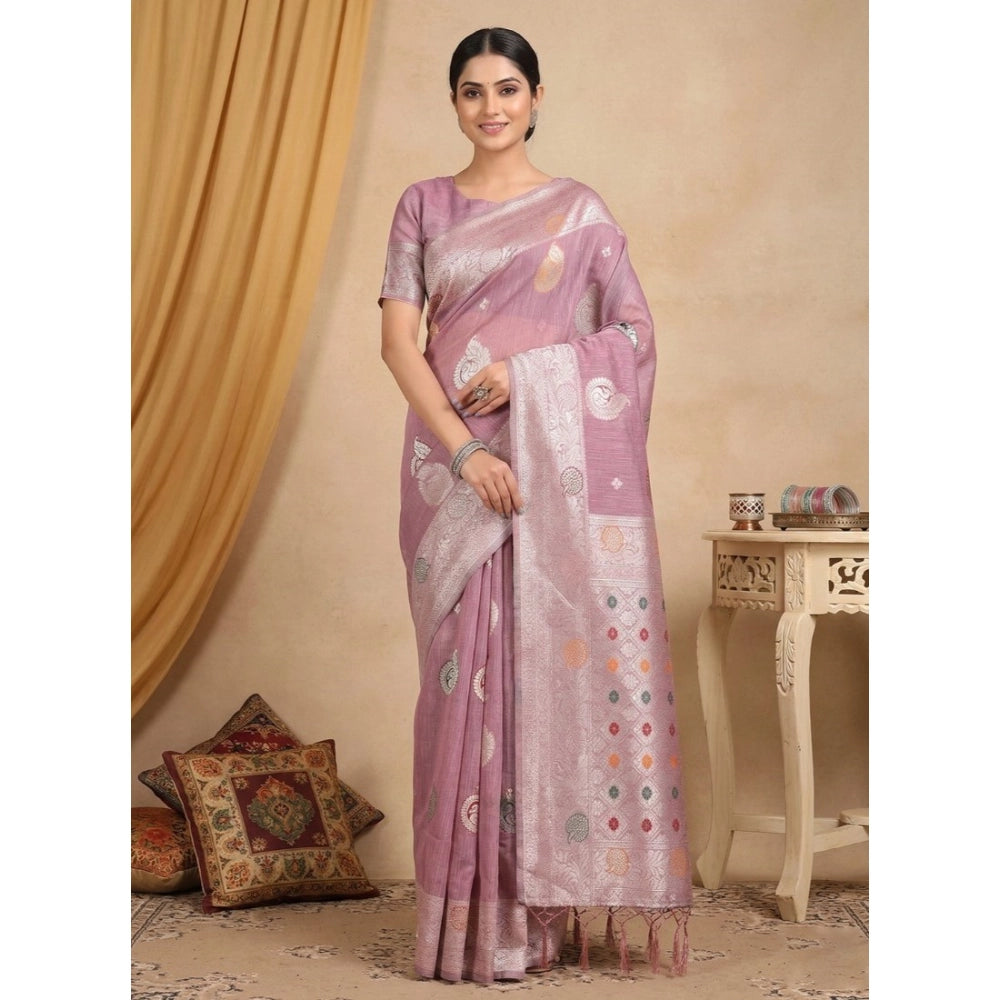 Generic Women's Linen Cotton Printed Saree With Unstitched Blouse 5.5Mtr (Purple)