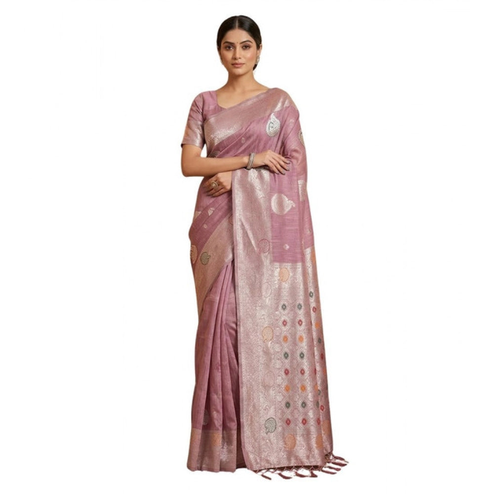 Generic Women's Linen Cotton Printed Saree With Unstitched Blouse 5.5Mtr (Purple)