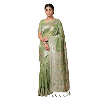Generic Women's Linen Cotton Printed Saree With Unstitched Blouse 5.5Mtr (Light Green)