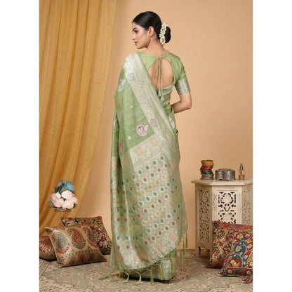 Generic Women's Linen Cotton Printed Saree With Unstitched Blouse 5.5Mtr (Light Green)