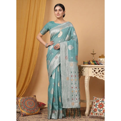 Generic Women's Linen Cotton Printed Saree With Unstitched Blouse 5.5Mtr (Sea Green)