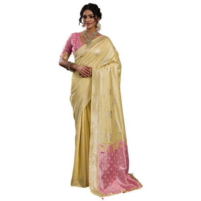 Generic Women's Linen Cotton Printed Saree With Unstitched Blouse 5.5Mtr (Yellow )