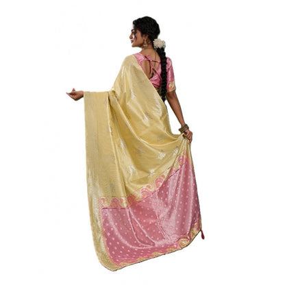 Generic Women's Linen Cotton Printed Saree With Unstitched Blouse 5.5Mtr (Yellow )