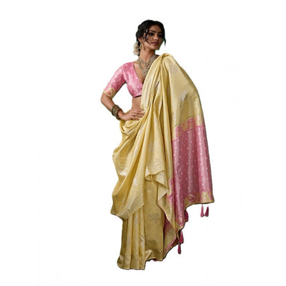 Generic Women's Linen Cotton Printed Saree With Unstitched Blouse 5.5Mtr (Yellow )