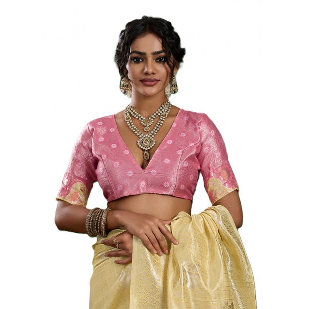 Generic Women's Linen Cotton Printed Saree With Unstitched Blouse 5.5Mtr (Yellow )