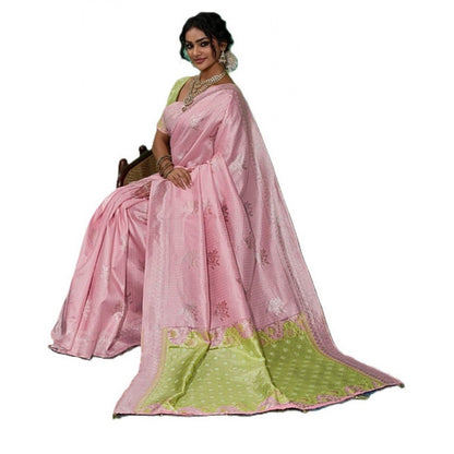 Generic Women's Linen Cotton Printed Saree With Unstitched Blouse 5.5Mtr (Pink)