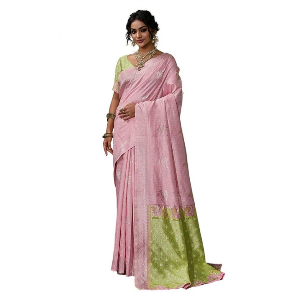 Generic Women's Linen Cotton Printed Saree With Unstitched Blouse 5.5Mtr (Pink)