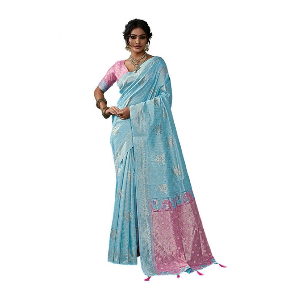 Generic Women's Linen Cotton Printed Saree With Unstitched Blouse 5.5Mtr (Sky Blue)