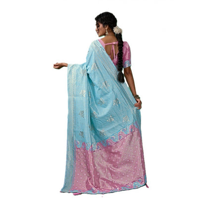 Generic Women's Linen Cotton Printed Saree With Unstitched Blouse 5.5Mtr (Sky Blue)