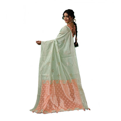 Generic Women's Linen Cotton Printed Saree With Unstitched Blouse 5.5Mtr (Pista Green)