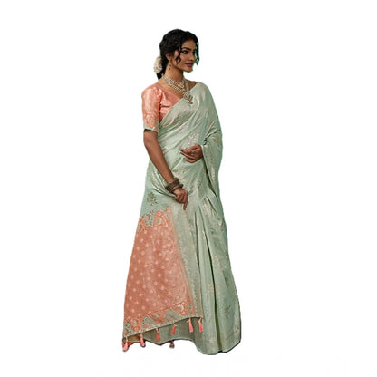 Generic Women's Linen Cotton Printed Saree With Unstitched Blouse 5.5Mtr (Pista Green)
