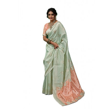 Generic Women's Linen Cotton Printed Saree With Unstitched Blouse 5.5Mtr (Pista Green)