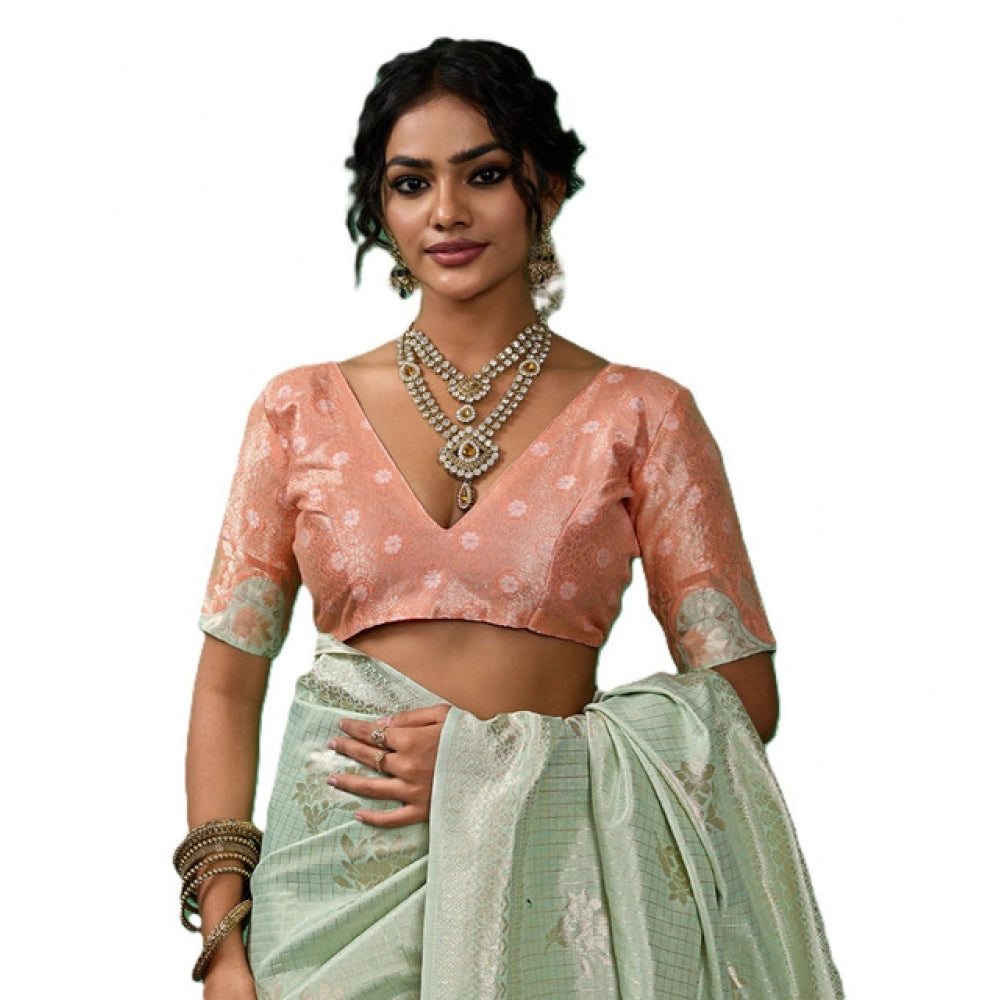 Generic Women's Linen Cotton Printed Saree With Unstitched Blouse 5.5Mtr (Pista Green)