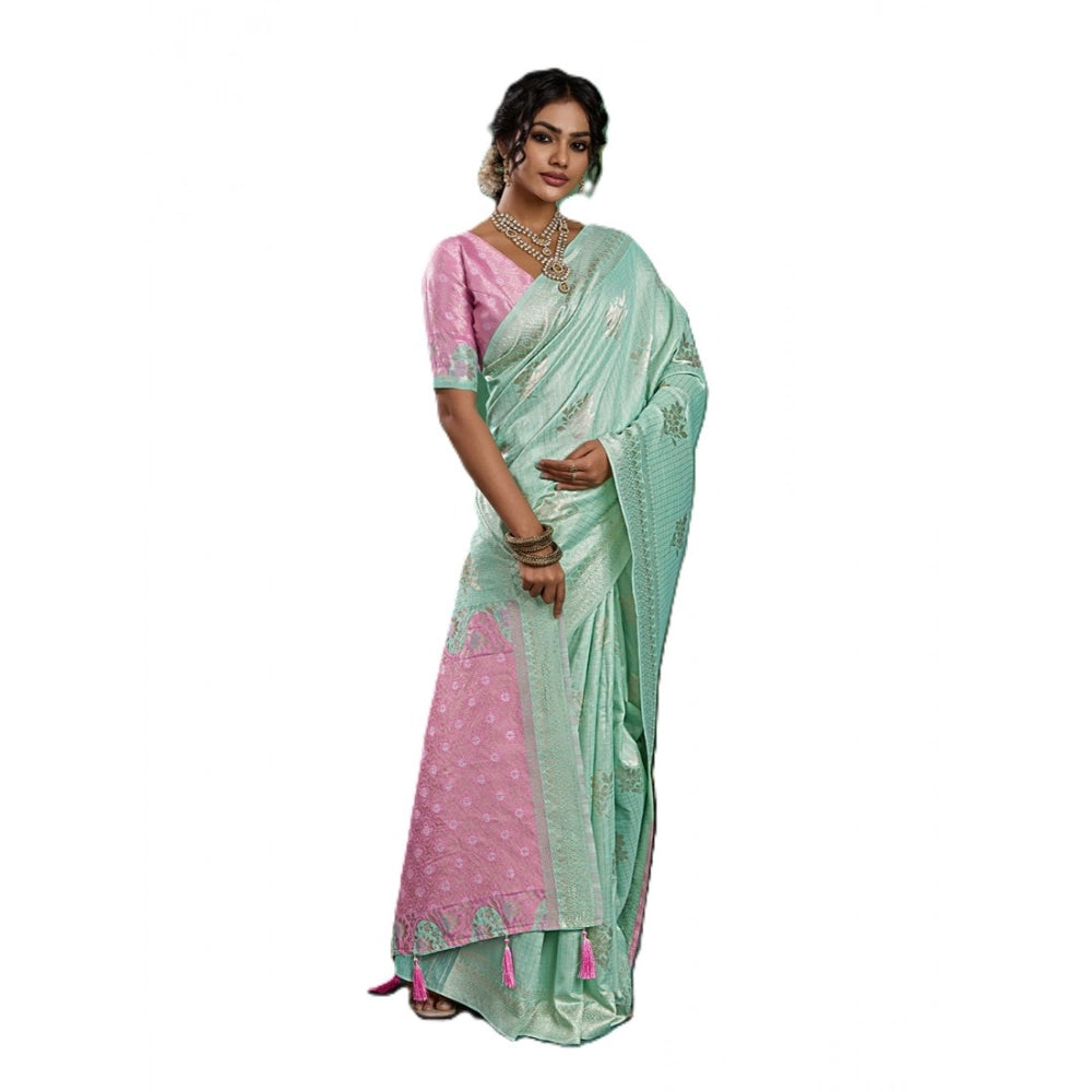 Generic Women's Linen Cotton Printed Saree With Unstitched Blouse 5.5Mtr (Sea Green)