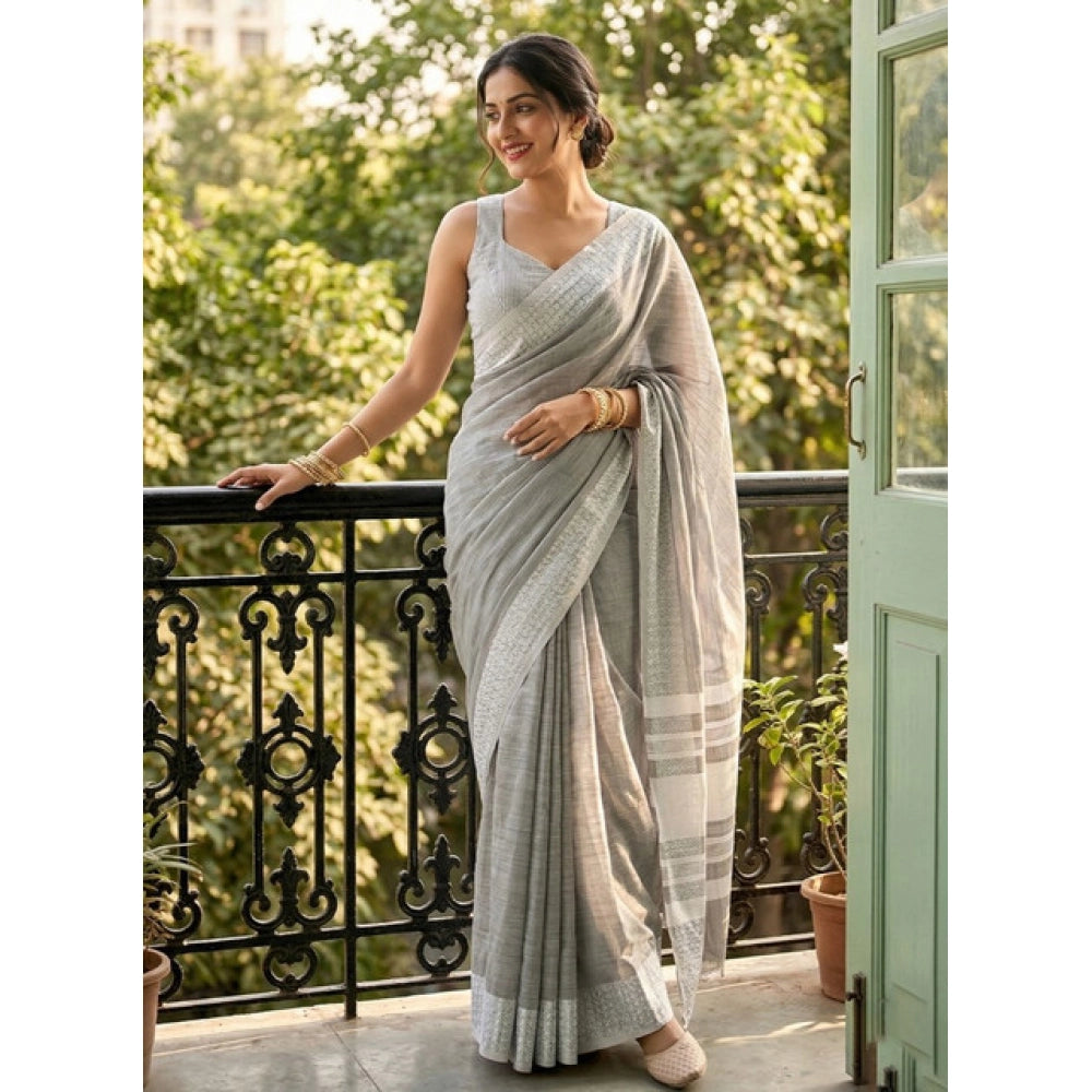 Generic Women's Linen Striped Saree With Unstitched Blouse 5.5Mtr (Gray)