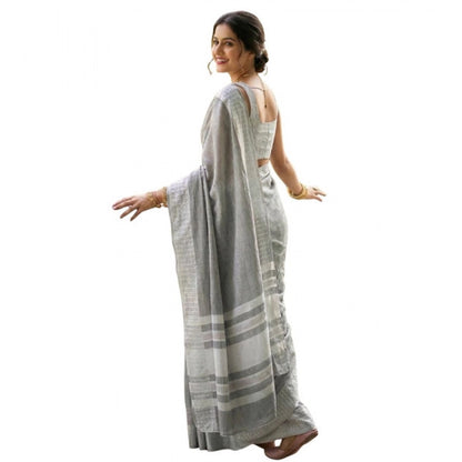 Generic Women's Linen Striped Saree With Unstitched Blouse 5.5Mtr (Gray)