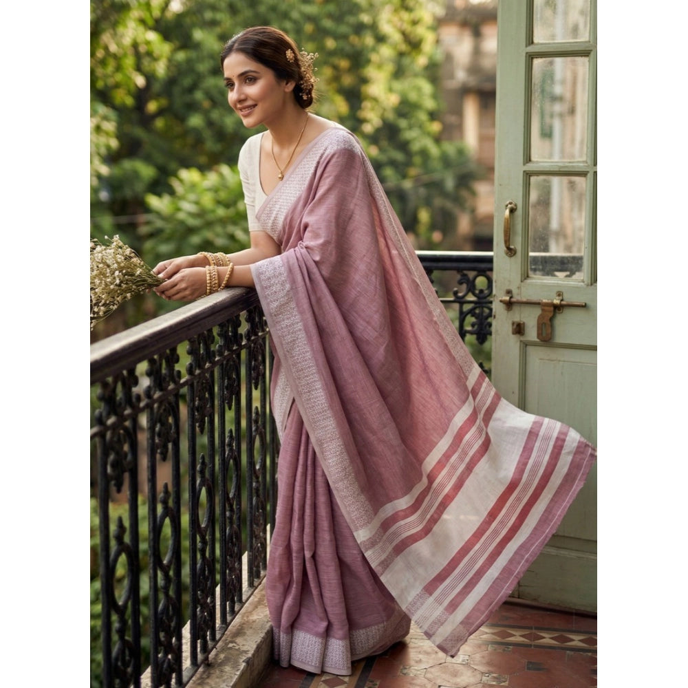 Generic Women's Linen Striped Saree With Unstitched Blouse 5.5Mtr (Magenta)