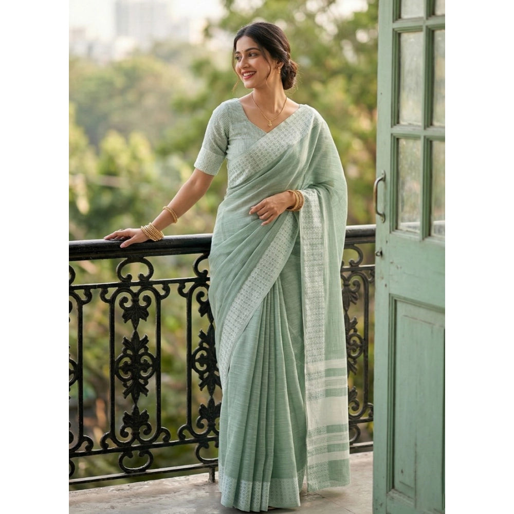 Generic Women's Linen Striped Saree With Unstitched Blouse 5.5Mtr (Sea Green)