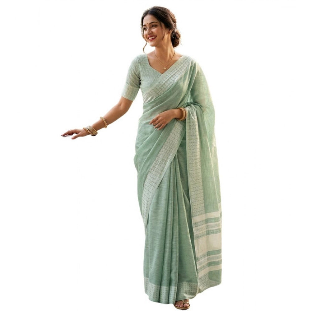 Generic Women's Linen Striped Saree With Unstitched Blouse 5.5Mtr (Sea Green)