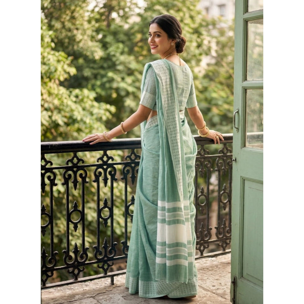 Generic Women's Linen Striped Saree With Unstitched Blouse 5.5Mtr (Sea Green)