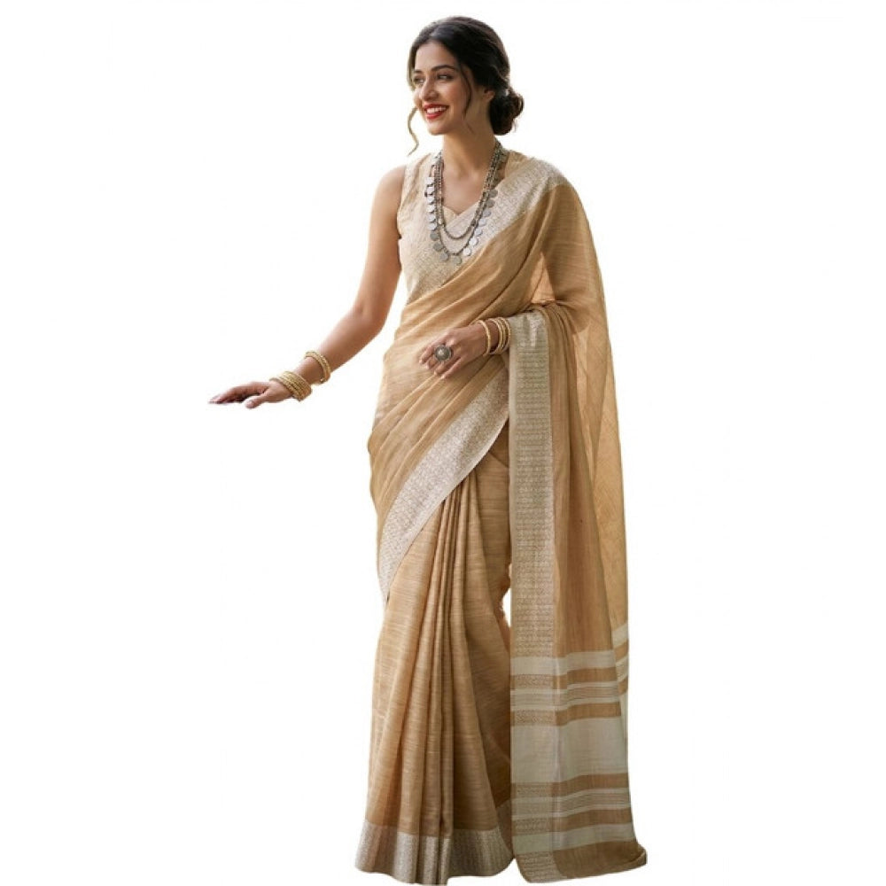 Generic Women's Linen Striped Saree With Unstitched Blouse 5.5Mtr (Mustard Yellow)