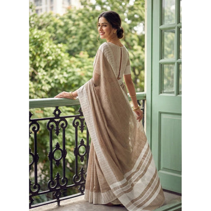 Generic Women's Linen Striped Saree With Unstitched Blouse 5.5Mtr (Lite Brown)