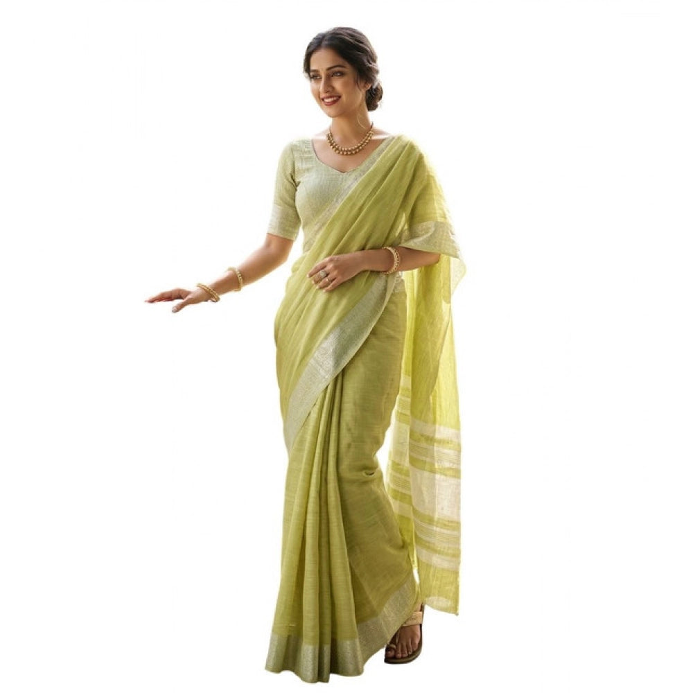 Generic Women's Linen Striped Saree With Unstitched Blouse 5.5Mtr (Light Green)