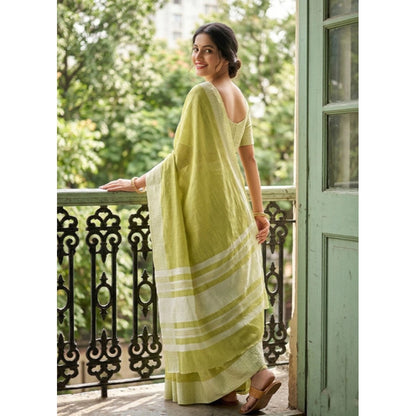 Generic Women's Linen Striped Saree With Unstitched Blouse 5.5Mtr (Light Green)