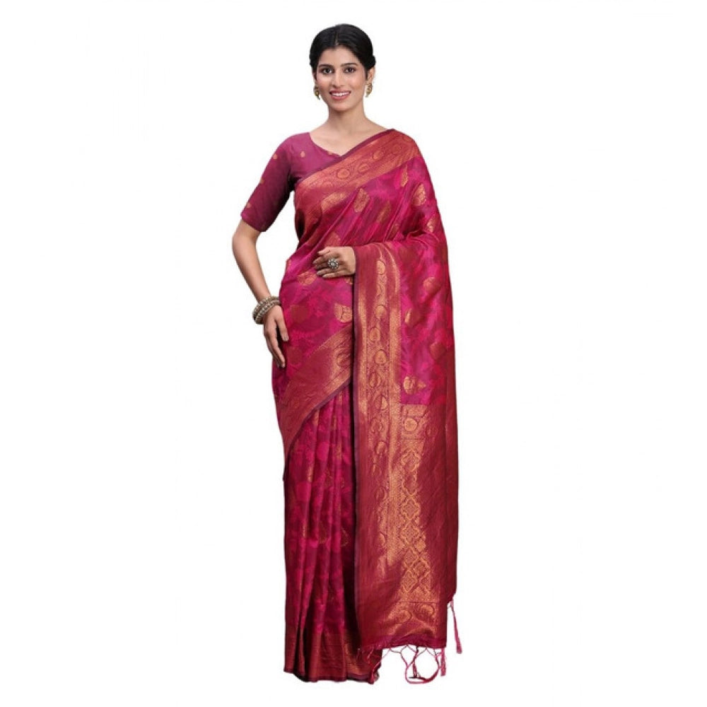 Generic Women's Silk Printed Saree With Unstitched Blouse 5.5Mtr (Magenta)